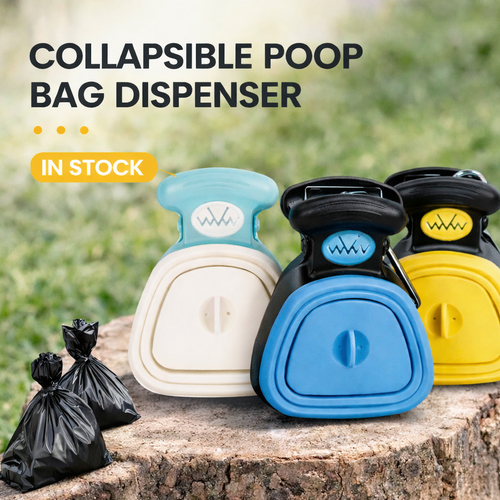 Collapsible poop bag dispenser with black bags on a wooden stump against a grassy background