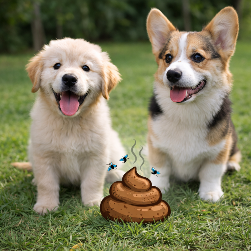 Two puppies standing on grass with a poop emoji and flies above it.