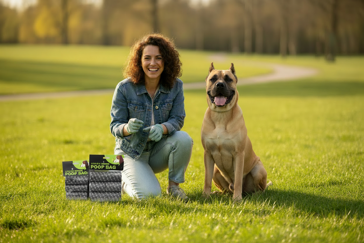 Happy owner with Cane Corso and poop bag product